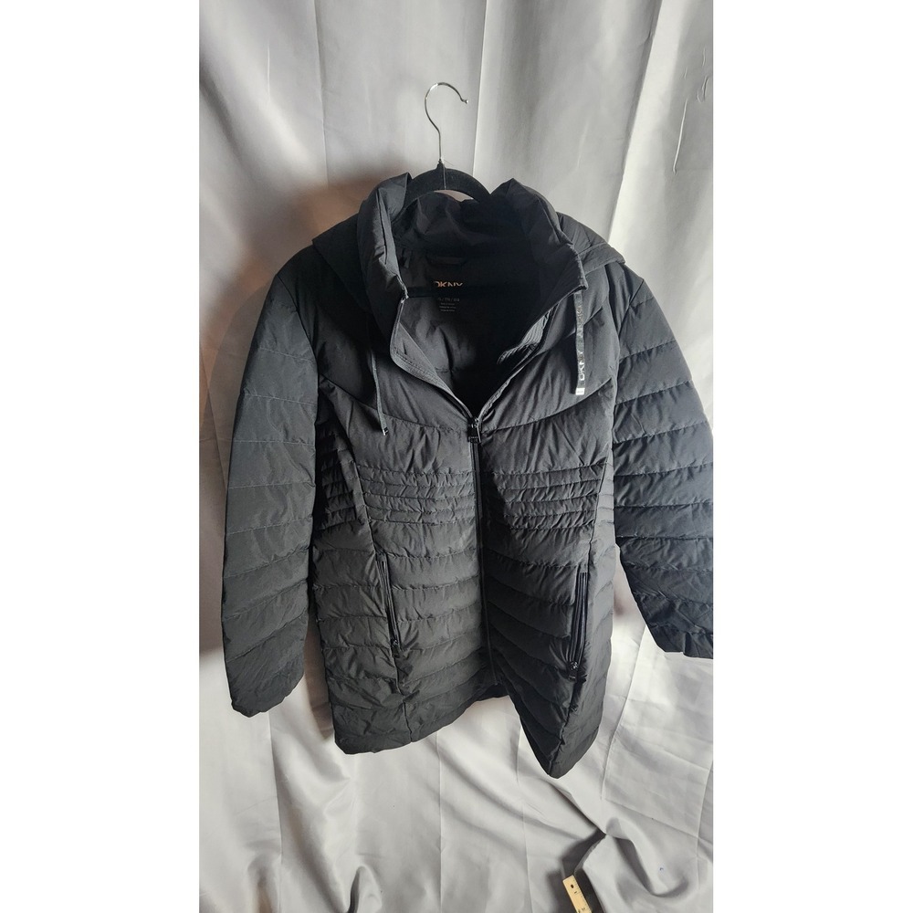 DKNY Womens Black Down Puffer Coat Hooded Longline Quilted Jacket XXL EUC
